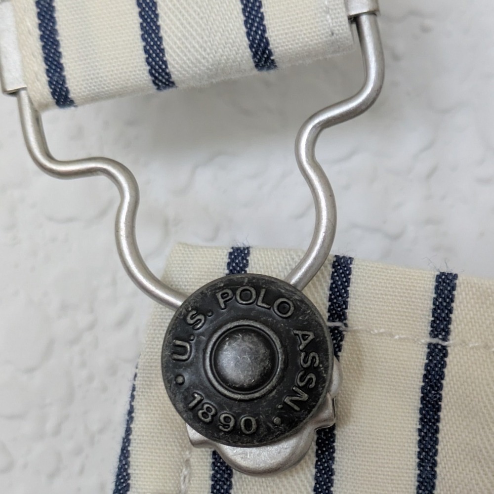 US Polo Assn Pinstripe Overall Dress Women XL Cream Navy Blue Classic Pinafore - Picture 6 of 9